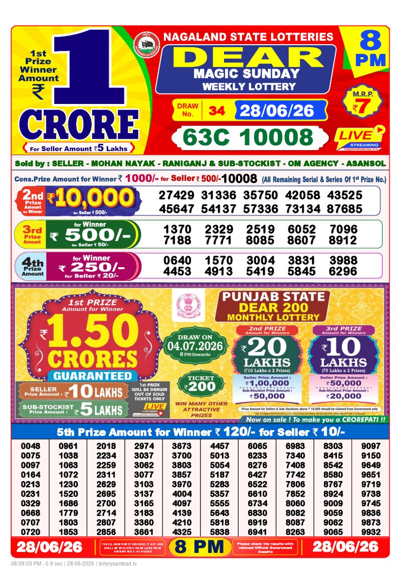 Lottery Sambad Today (28 June, 2026) Dear Lottery Result 1 PM 6 PM 8 PM